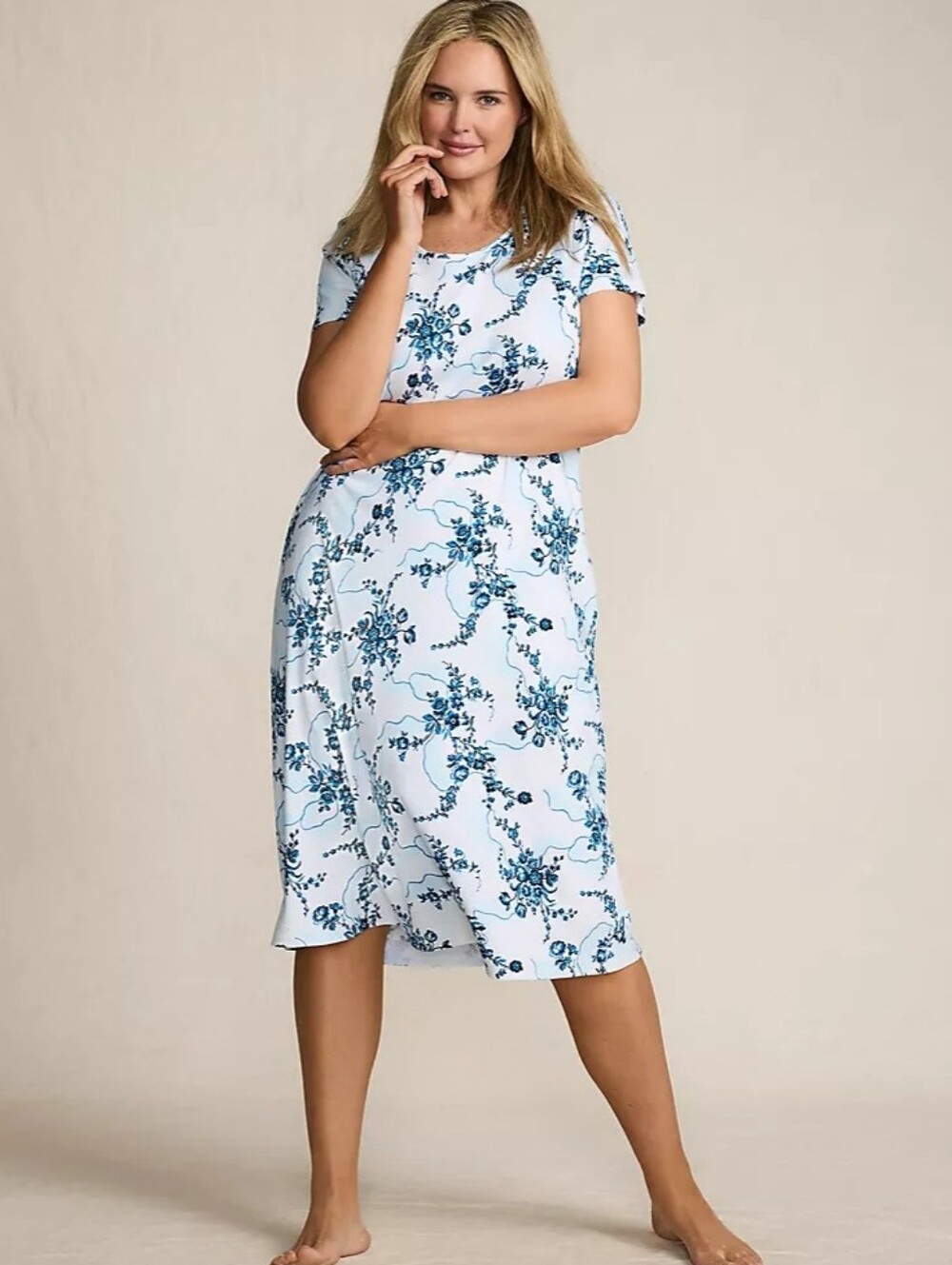 BNWT Lands End Womens Cotton Nightgown Dress White Floral Print